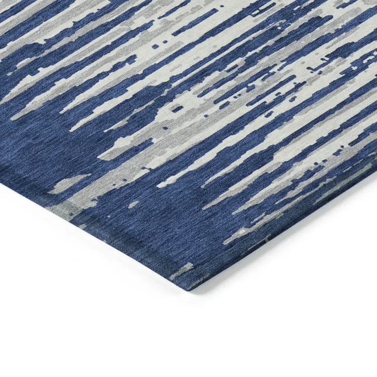 3' X 5' Navy Blue And Ivory Striped Washable Indoor Outdoor Area Rug
