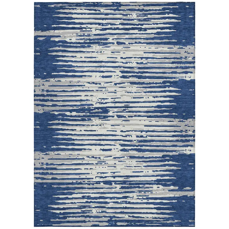 5' X 8' Navy Blue And Ivory Striped Washable Indoor Outdoor Area Rug