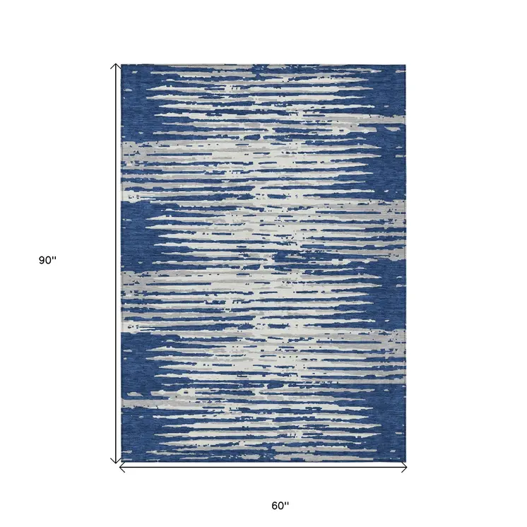 5' X 8' Navy Blue And Ivory Striped Washable Indoor Outdoor Area Rug