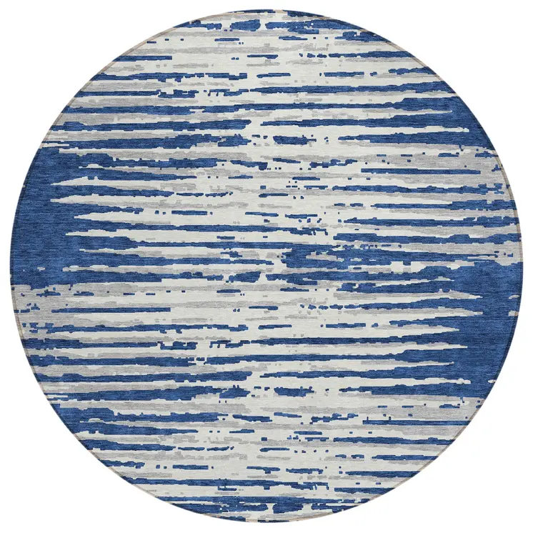 8' Navy Blue And Ivory Round Striped Washable Indoor Outdoor Area Rug