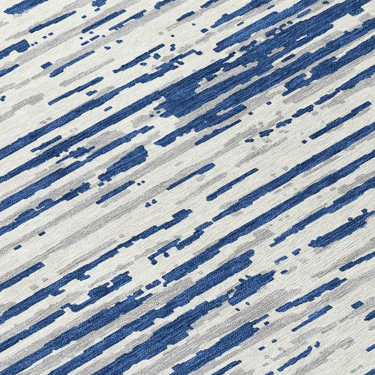 8' Navy Blue And Ivory Round Striped Washable Indoor Outdoor Area Rug