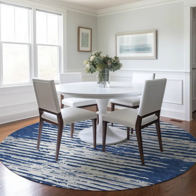 8' Navy Blue And Ivory Round Striped Washable Indoor Outdoor Area Rug
