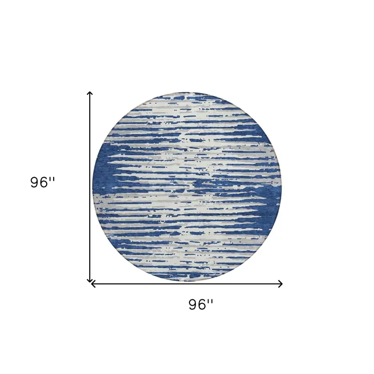 8' Navy Blue And Ivory Round Striped Washable Indoor Outdoor Area Rug