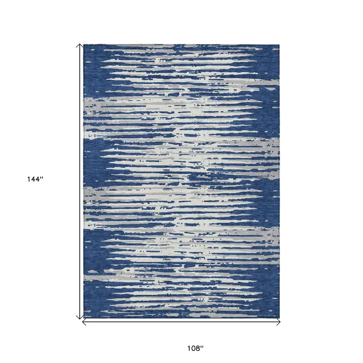 9' X 12' Navy Blue And Ivory Striped Washable Indoor Outdoor Area Rug