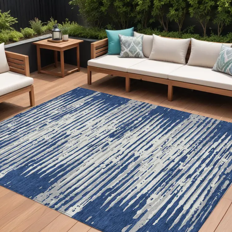 9' X 12' Navy Blue And Ivory Striped Washable Indoor Outdoor Area Rug