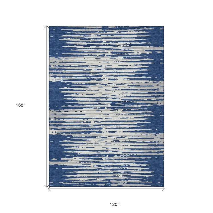 10' X 14' Navy Blue And Ivory Striped Washable Indoor Outdoor Area Rug