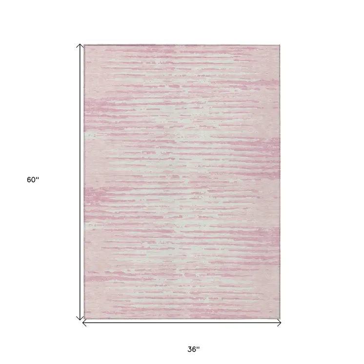 3' X 5' Pink And Gray Striped Washable Indoor Outdoor Area Rug
