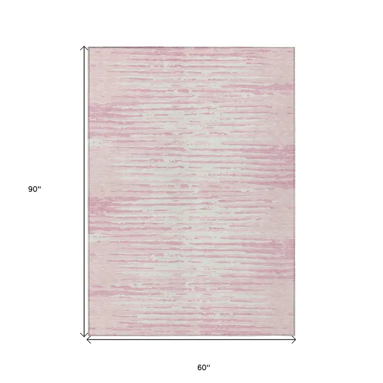 5' X 8' Pink And Gray Striped Washable Indoor Outdoor Area Rug