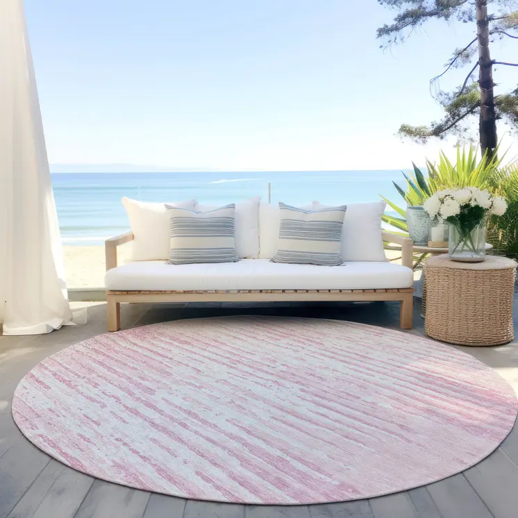 8' Pink And Gray Round Striped Washable Indoor Outdoor Area Rug