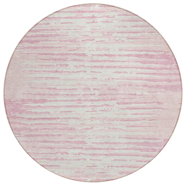 8' Pink And Gray Round Striped Washable Indoor Outdoor Area Rug