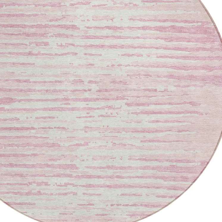 8' Pink And Gray Round Striped Washable Indoor Outdoor Area Rug