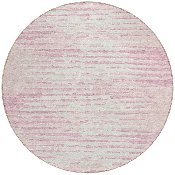8' Pink And Gray Round Striped Washable Indoor Outdoor Area Rug