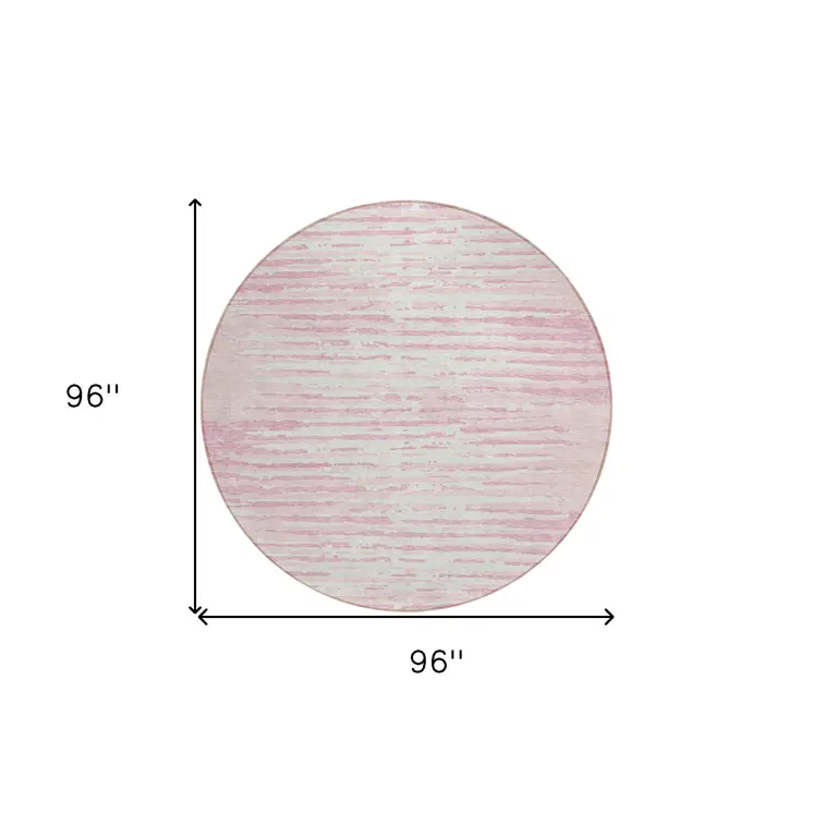 8' Pink And Gray Round Striped Washable Indoor Outdoor Area Rug