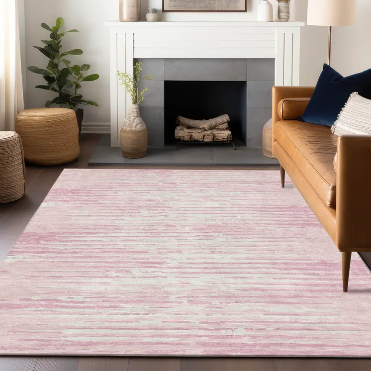 8' X 10' Pink And Gray Striped Washable Indoor Outdoor Area Rug