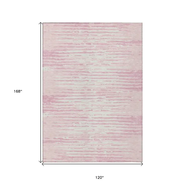 10' X 14' Pink And Gray Striped Washable Indoor Outdoor Area Rug