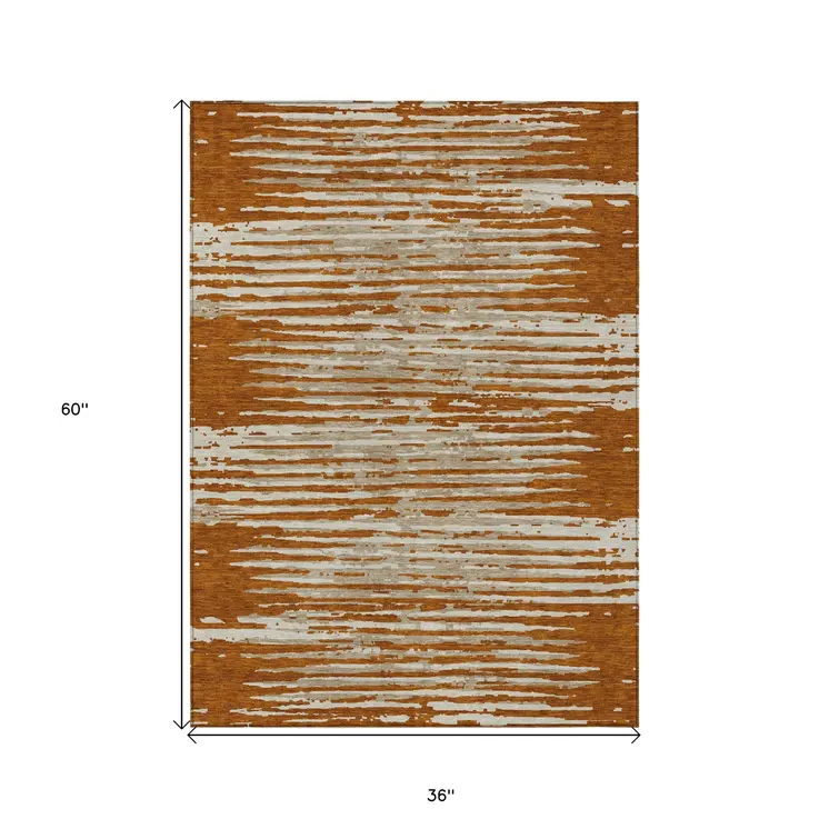 3' X 5' Brown Gray And Ivory Striped Washable Indoor Outdoor Area Rug