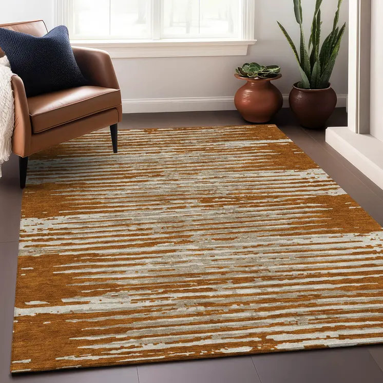 3' X 5' Brown Gray And Ivory Striped Washable Indoor Outdoor Area Rug