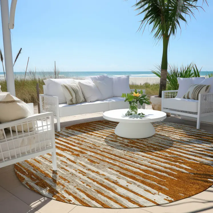 8' Brown Gray And Ivory Round Striped Washable Indoor Outdoor Area Rug