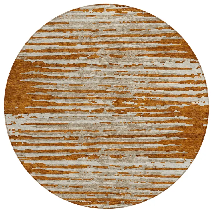 8' Brown Gray And Ivory Round Striped Washable Indoor Outdoor Area Rug