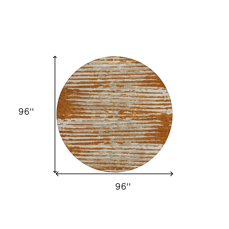 8' Brown Gray And Ivory Round Striped Washable Indoor Outdoor Area Rug