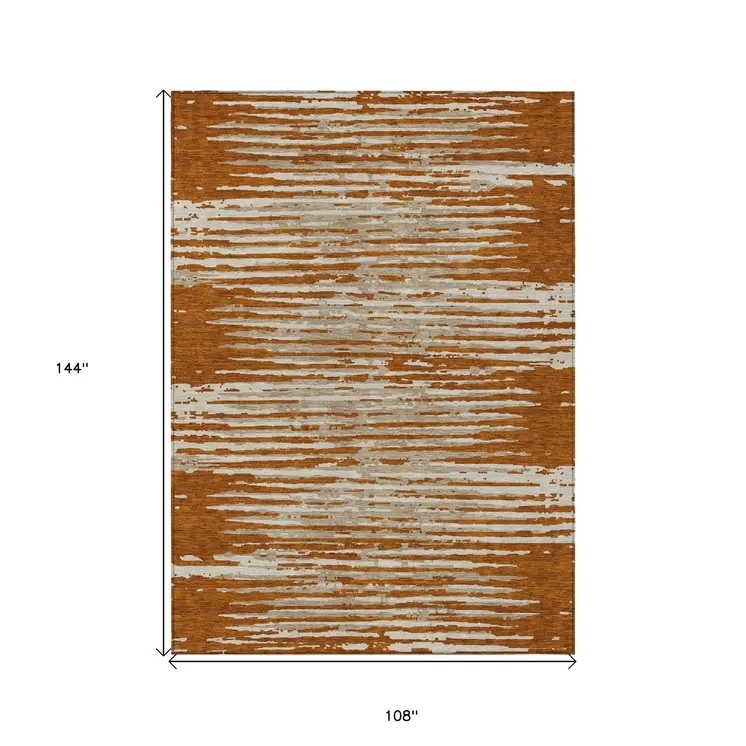 9' X 12' Brown Gray And Ivory Striped Washable Indoor Outdoor Area Rug