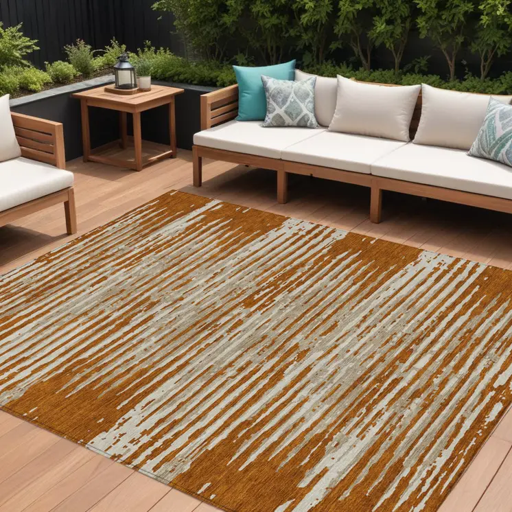 9' X 12' Brown Gray And Ivory Striped Washable Indoor Outdoor Area Rug