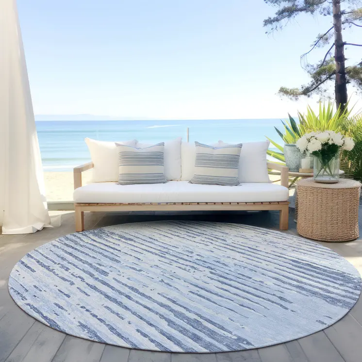 8' Sky Blue And Ivory Round Striped Washable Indoor Outdoor Area Rug