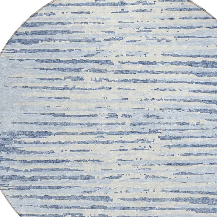 8' Sky Blue And Ivory Round Striped Washable Indoor Outdoor Area Rug