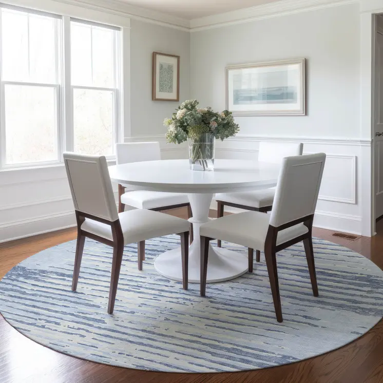 8' Sky Blue And Ivory Round Striped Washable Indoor Outdoor Area Rug