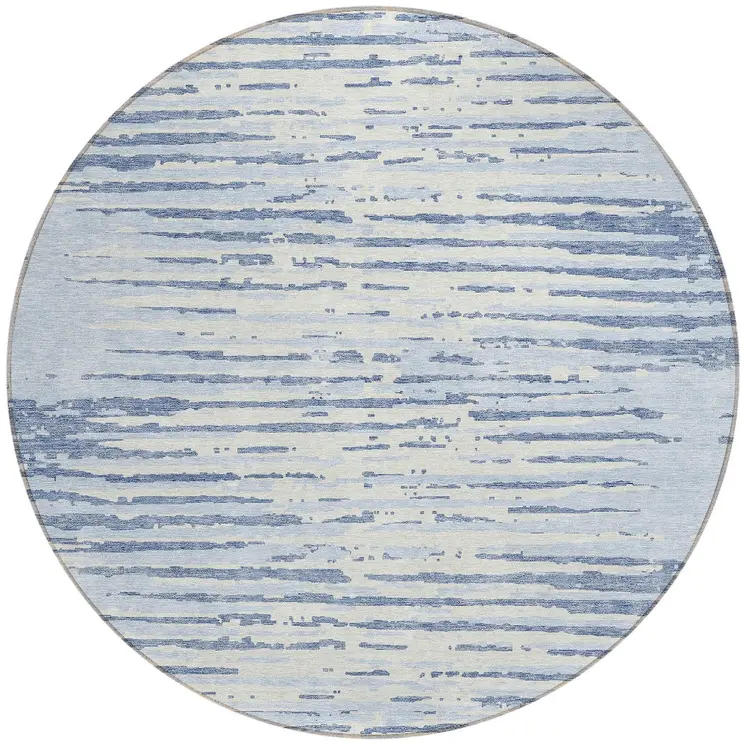 8' Sky Blue And Ivory Round Striped Washable Indoor Outdoor Area Rug