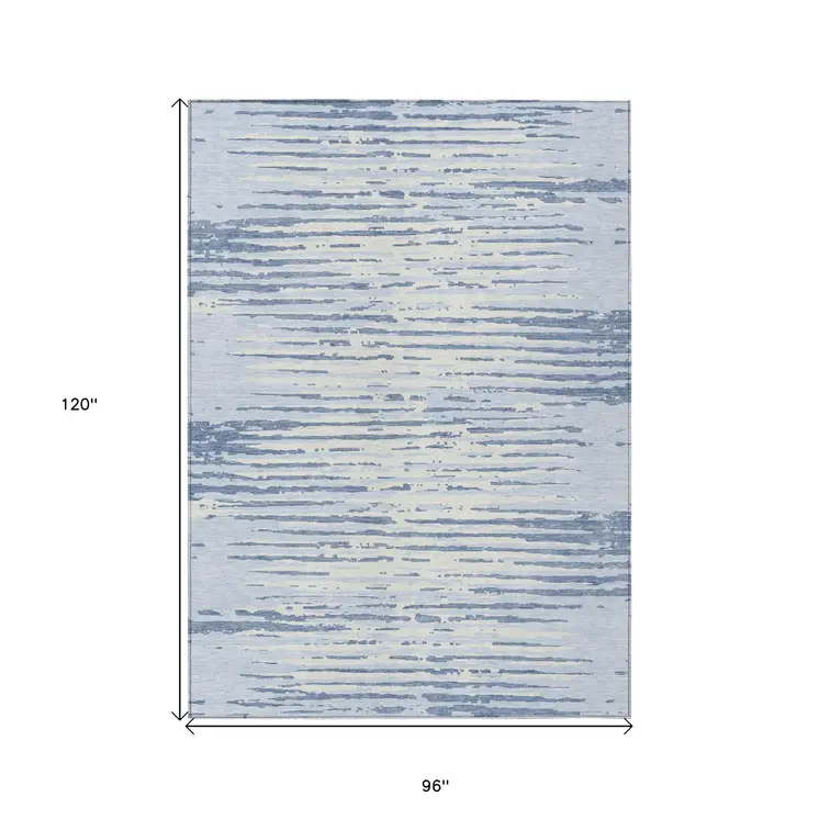 8' X 10' Sky Blue And Ivory Striped Washable Indoor Outdoor Area Rug