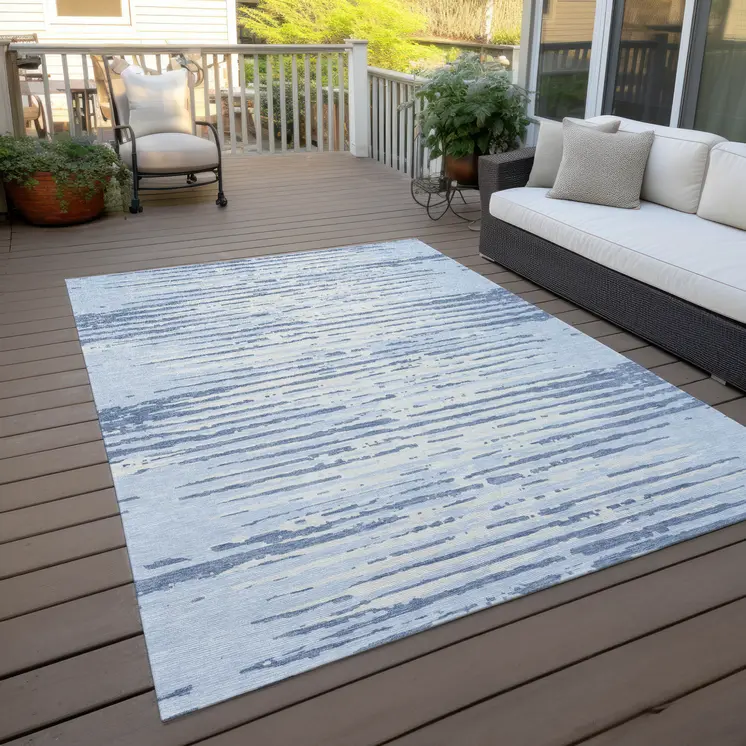 8' X 10' Sky Blue And Ivory Striped Washable Indoor Outdoor Area Rug