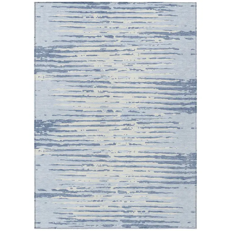 8' X 10' Sky Blue And Ivory Striped Washable Indoor Outdoor Area Rug