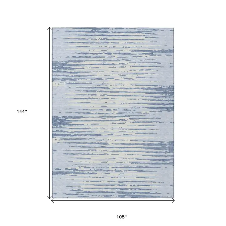 9' X 12' Sky Blue And Ivory Striped Washable Indoor Outdoor Area Rug