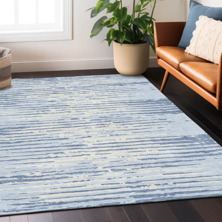 9' X 12' Sky Blue And Ivory Striped Washable Indoor Outdoor Area Rug
