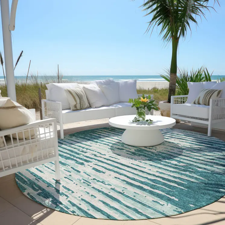 8' Teal Blue And Ivory Round Striped Washable Indoor Outdoor Area Rug