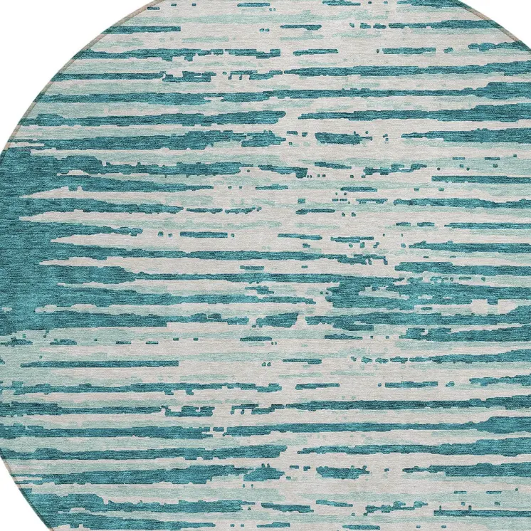 8' Teal Blue And Ivory Round Striped Washable Indoor Outdoor Area Rug