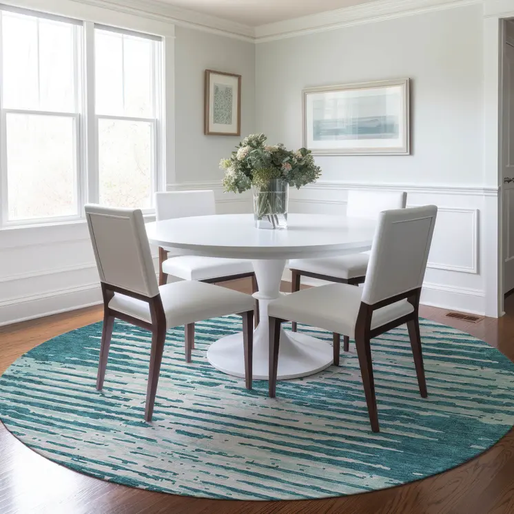 8' Teal Blue And Ivory Round Striped Washable Indoor Outdoor Area Rug