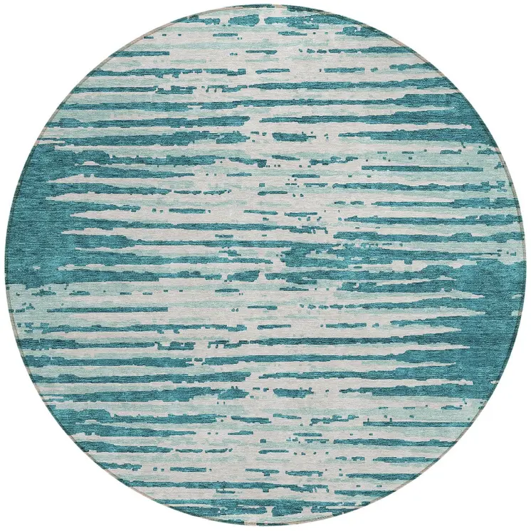 8' Teal Blue And Ivory Round Striped Washable Indoor Outdoor Area Rug