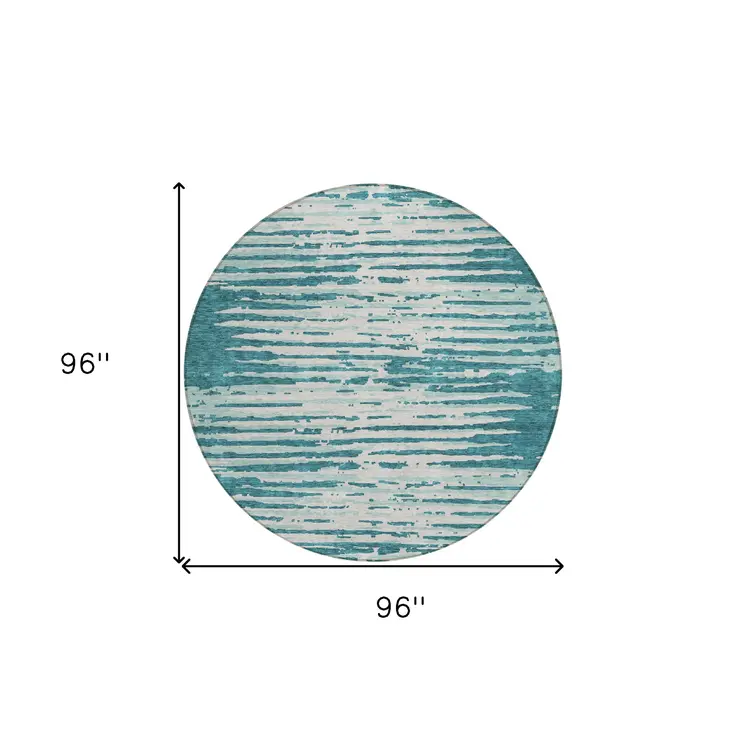 8' Teal Blue And Ivory Round Striped Washable Indoor Outdoor Area Rug