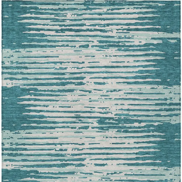 8' X 10' Teal Blue And Ivory Striped Washable Indoor Outdoor Area Rug