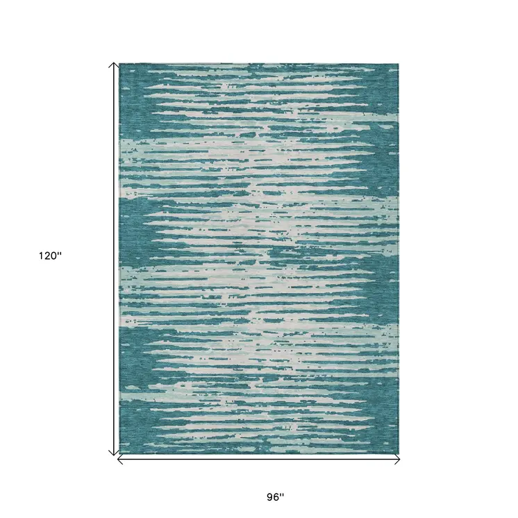 8' X 10' Teal Blue And Ivory Striped Washable Indoor Outdoor Area Rug