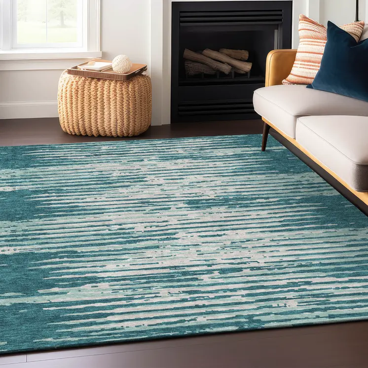 8' X 10' Teal Blue And Ivory Striped Washable Indoor Outdoor Area Rug
