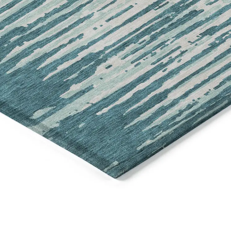 9' X 12' Teal Blue And Ivory Striped Washable Indoor Outdoor Area Rug