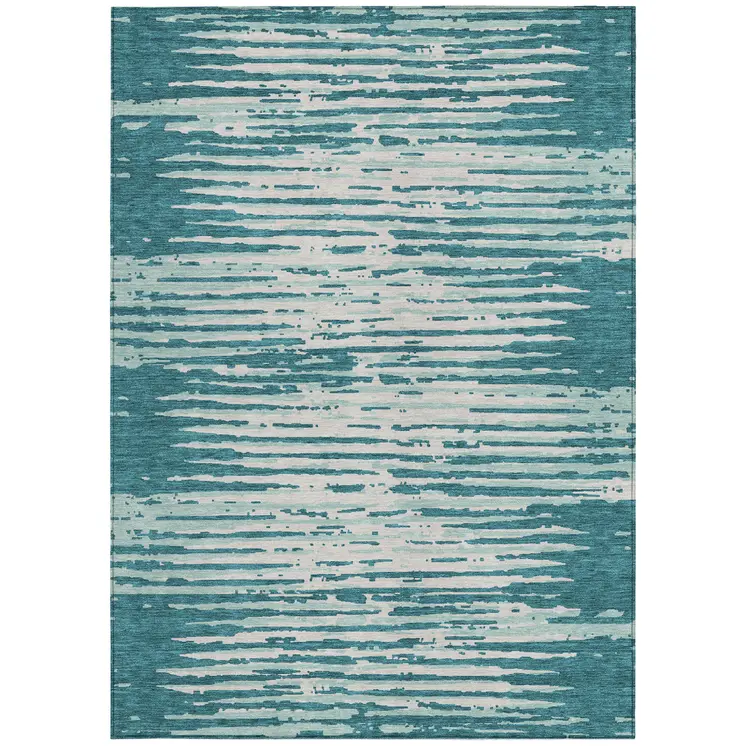 9' X 12' Teal Blue And Ivory Striped Washable Indoor Outdoor Area Rug