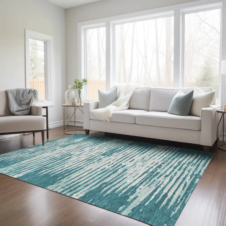 9' X 12' Teal Blue And Ivory Striped Washable Indoor Outdoor Area Rug