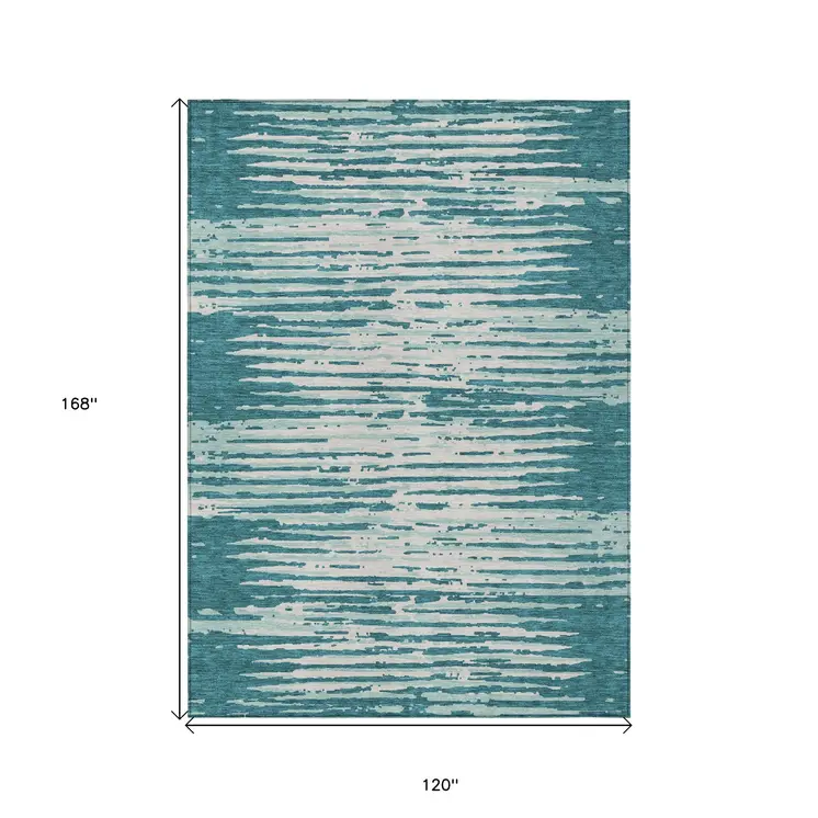 10' X 14' Teal Blue And Ivory Striped Washable Indoor Outdoor Area Rug