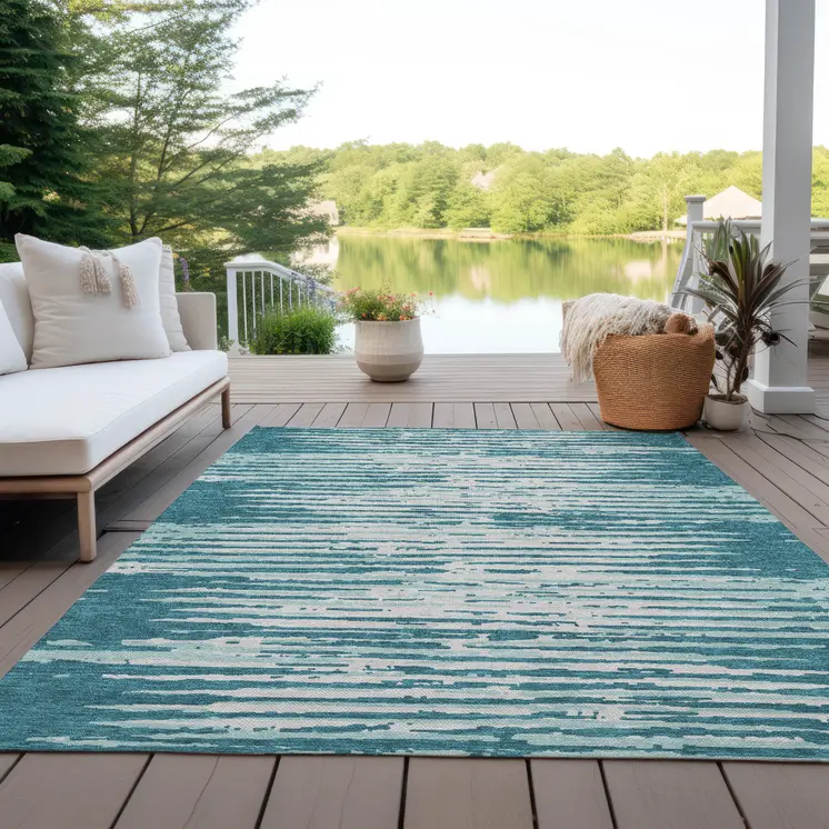 10' X 14' Teal Blue And Ivory Striped Washable Indoor Outdoor Area Rug