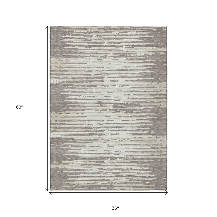 3' X 5' Taupe And Ivory Striped Washable Indoor Outdoor Area Rug