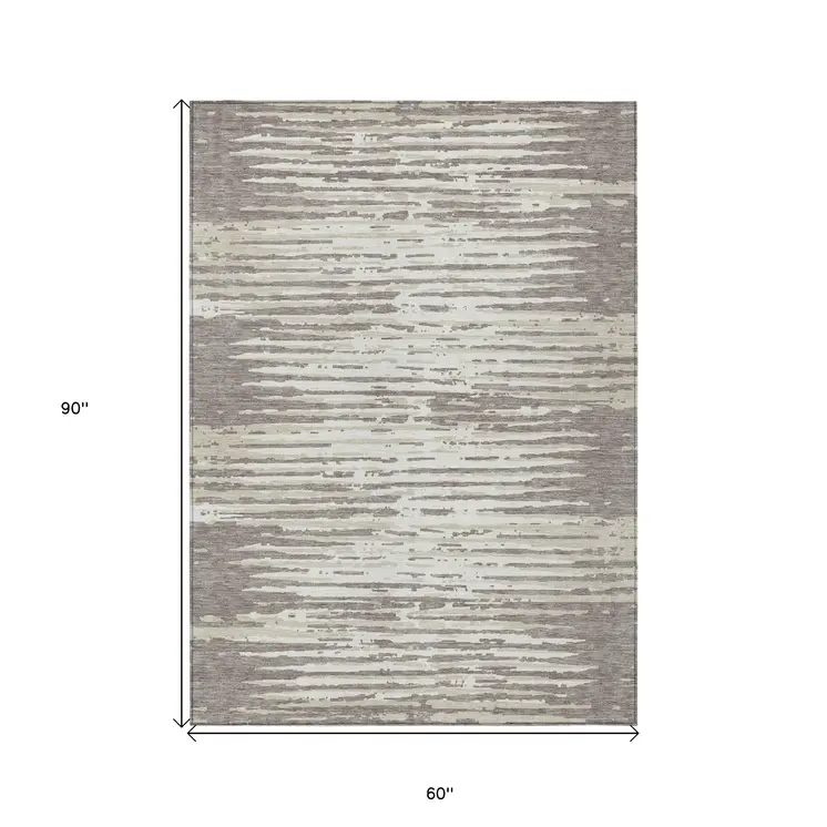5' X 8' Taupe And Ivory Striped Washable Indoor Outdoor Area Rug